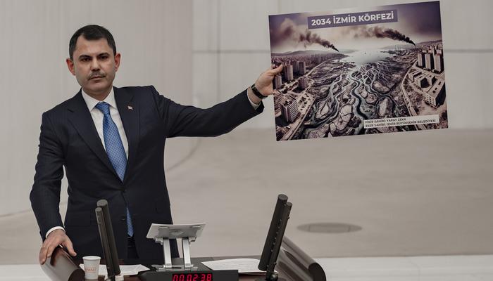 Bakan Kurum’dan yapay zekaya ‘İzmir Körfezi’ sorusu! 10 yıl sonraki halinin fotoğrafını Meclis’te gösterdi: İzmir’e yapay zeka değil yapan zeka lazım