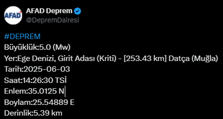 SON DAKİKA HABERİ... Girit açıklarında 5 büyüklüğünde deprem