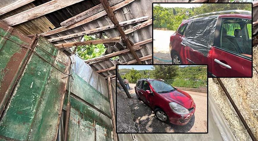 Garaj çatısına çıkan kurbanlık boğa, otomobilin üzerine düştü