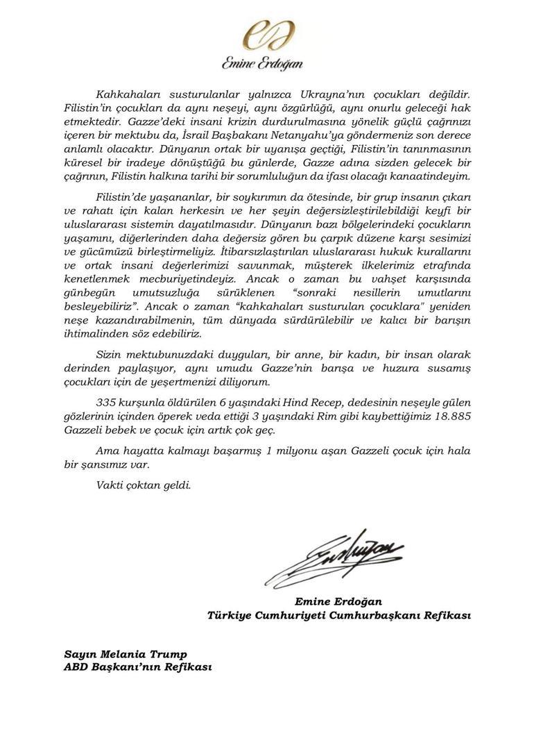 Emine Erdoğandan Melania Trumpa Gazze mektubu: Sesimizi gücümüzü birleştirmeliyiz