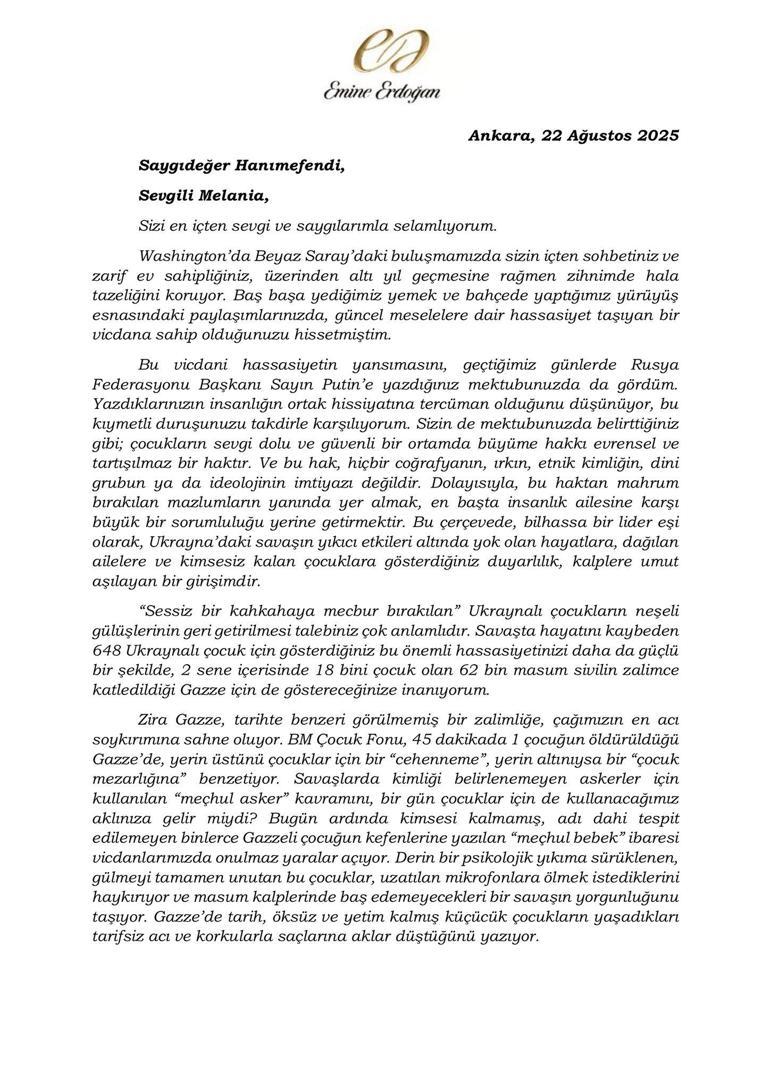 Emine Erdoğandan Melania Trumpa Gazze mektubu: Sesimizi gücümüzü birleştirmeliyiz
