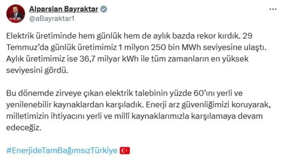 Temmuz Ayında Elektrik Üretiminde Rekor Kırıldı