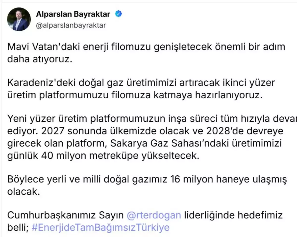 Karadeniz’de yeni üretim platformu devreye alınacak