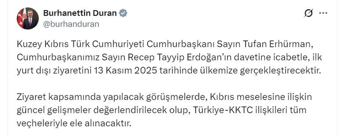 KKTC Cumhurbaşkanı Erhürman, 13 Kasım’da Türkiye’yi ziyaret edecek