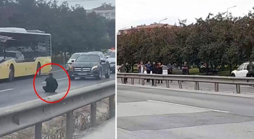 İstanbul D-100 karayolunda hareketli dakikalar! Bıçakla yola oturan şahıs trafiği felç etti