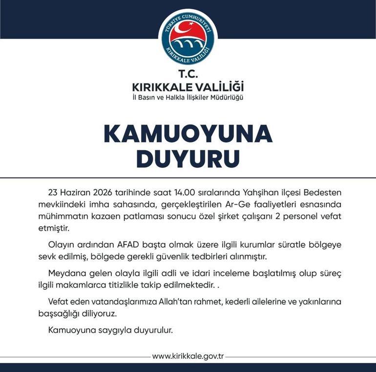 SON DAKİKA... Kırıkkalede imha sahasında mühimmatın kazara patlaması sonucu 2 kişi hayatını kaybetti