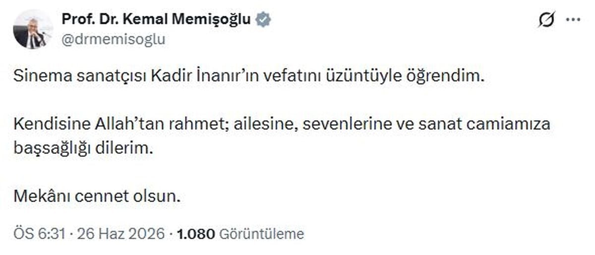 Bakan Memişoğlu’ndan Kadir İnanır için başsağlığı mesajı